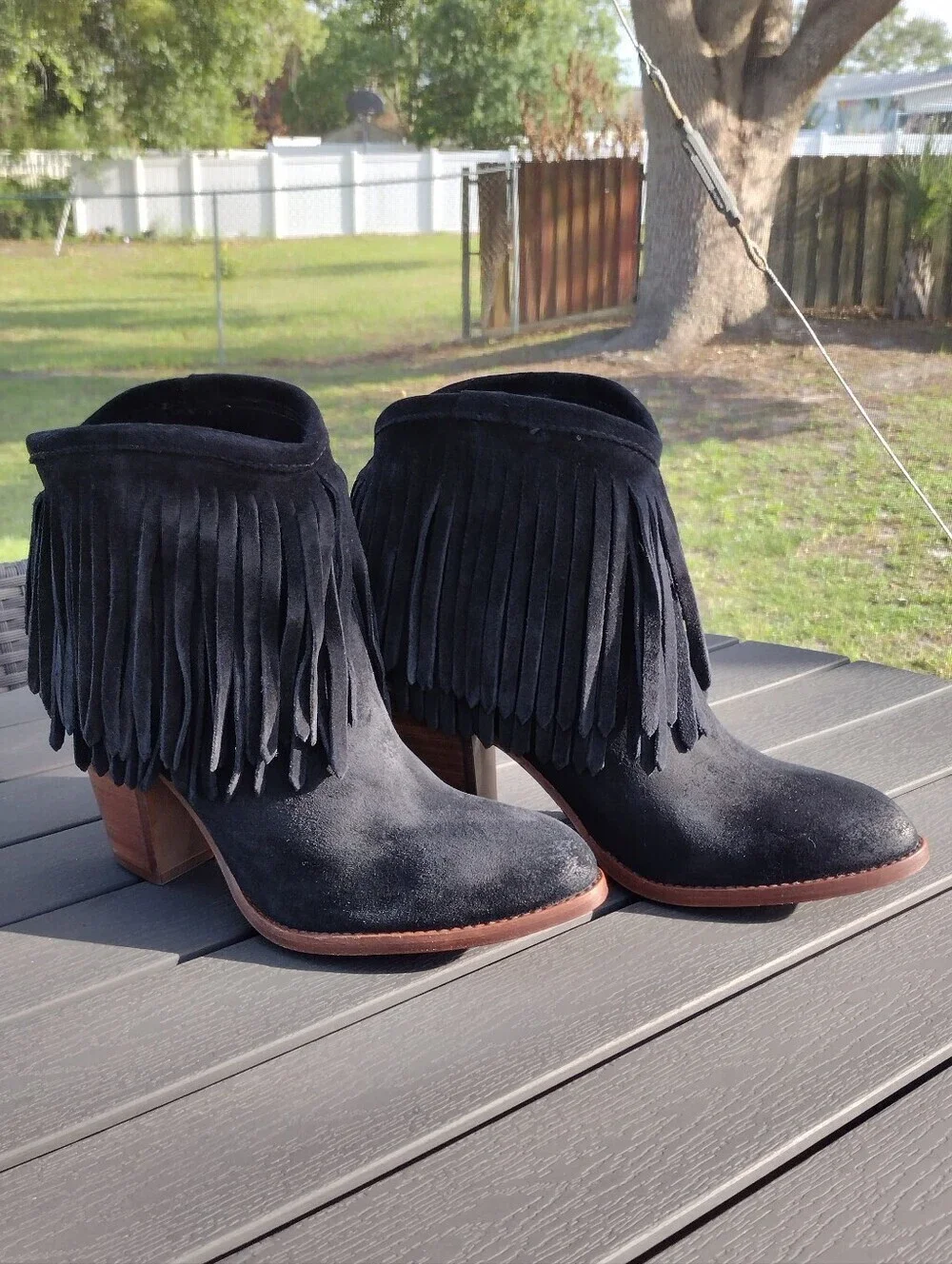 Frye Llana Black Suede Fringe Ankle Boots Western Boho Block Heel